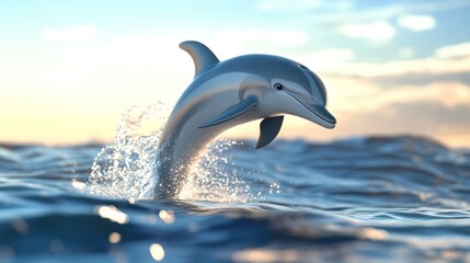 Poster - A dolphin leaps out of the ocean, creating splashes against a serene sunset backdrop.