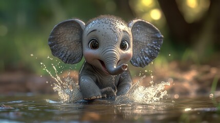 Sticker - A joyful baby elephant splashing in water, showcasing innocence and playfulness.