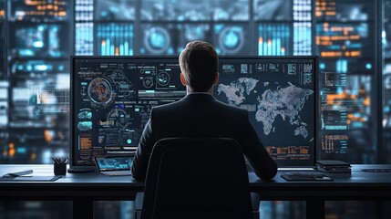 Corporate risk assessment: a risk manager analyzing corporate risk using digital tools and data analytics in a high-stakes office environment Risk Mitigation. Ultra realistic. Photorealistic