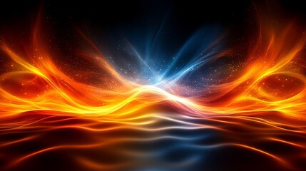 Abstract digital art of swirling fire and ice energy waves with bright sparkling dust particles on a dark background