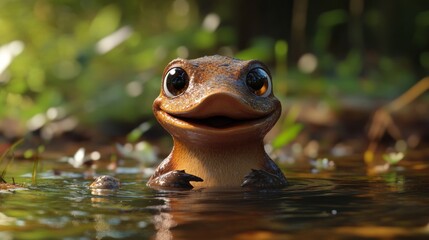 Poster - A cheerful cartoon frog emerging from water, surrounded by greenery and soft lighting.