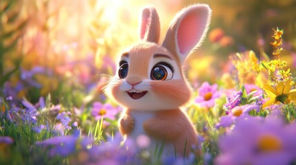 Sticker - A cute cartoon bunny surrounded by colorful flowers in a vibrant, sunny meadow.