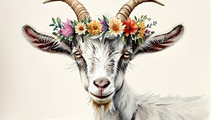 Whimsical Watercolor Goat Portrait Adorned with a Vibrant Flower Crown