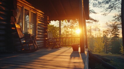 Wall Mural - A serene cabin porch at sunset, evoking relaxation and nature's beauty.