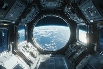 Wall Mural - View of Earth planet from space station window with clouds and atmosphere against the backdrop of space