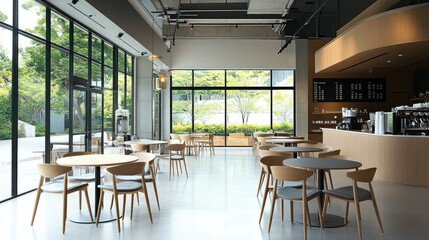 Canvas Print - Modern café interior with wooden furniture and large windows, creating a bright atmosphere.