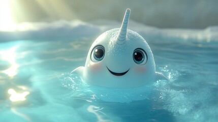 Wall Mural - A cute, animated narwhal with a smiling face swimming in clear blue water.