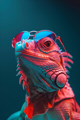 Wall Mural - An iguana wearing sunglasses in front of a colorful tropical background