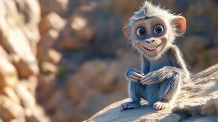 Poster - A cute animated monkey with big eyes sitting on a rock in a natural landscape.