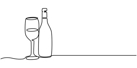 Wall Mural - Wine glass and bottle continuous one line drawing vector illustration. Pro vector, Wine Bottle and Wine Glass Continuous Line Icon, Continuous editable line drawing of wine glass. One line drawing