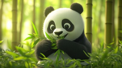 Sticker - A cute panda happily munching on bamboo in a lush green environment.