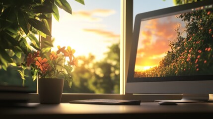 Sticker - A serene workspace with a computer, flowers, and a sunset view through the window.