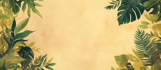 Vintage style painting of tropical leaves on aged paper featuring blank space for personalized text suitable for use as a background