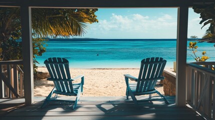 Sticker - A serene beach view from a porch with two chairs overlooking the ocean.