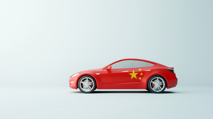 Red Electric Car with Chinese Flag: A sleek, red electric car with a Chinese flag sticker on the side, symbolizing the country's booming electric vehicle industry and technological advancement.  