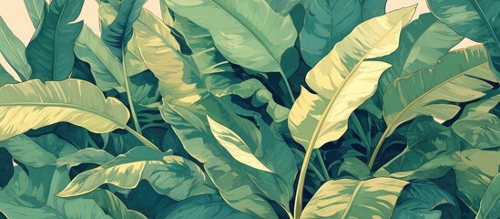 Wall Mural - Close up of a green decorative leaf against an abstract background showcasing a nature inspired pattern with a tropical feel and dark tones