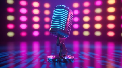 Futuristic karaoke setup with microphone and colorful lighting on minimalist stage