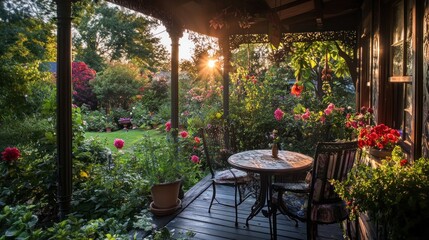 Wall Mural - A tranquil porch scene surrounded by blooming flowers at sunset.