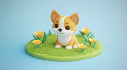 A cute cartoon corgi sitting on a grassy patch surrounded by flowers against a blue background.