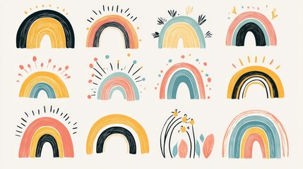 Poster - abstract set of hand drawn cards featuring rainbows including doodles and sketches in a retro illust