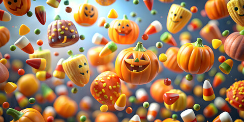 Happy Halloween Candy Shower: Pumpkins and candy corn fall like rain in a festive and playful digital illustration, perfect for a spooky and sweet celebration. 