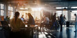 © bagotaj - Office worker woman sits at a desk in an overcrowded office. Sun shines through the big windows.