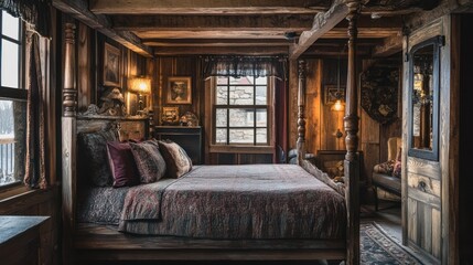 Poster - Cozy rustic bedroom with wooden decor and warm lighting.