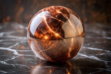 Poster - Crystal ball with glowing lightning on dark marble surface