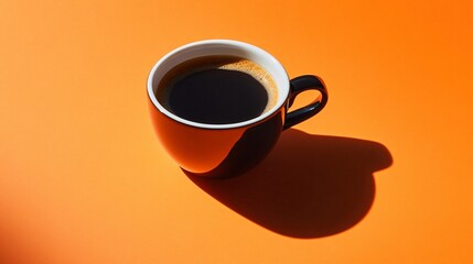 Wall Mural - A black coffee mug with coffee in it sits on an orange surface.