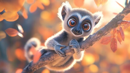 Wall Mural - A cute lemur perched on a branch, surrounded by autumn leaves and soft light.