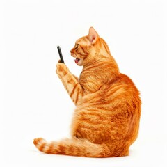 Ginger cat holds a telephone receiver in his paws and talks on the phone
