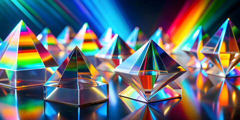 Poster - Prism of Light: A vibrant tableau of iridescent pyramids, each reflecting a kaleidoscope of colors, bathed in the ethereal glow of a rainbow, capturing the essence of light's transformative power. 