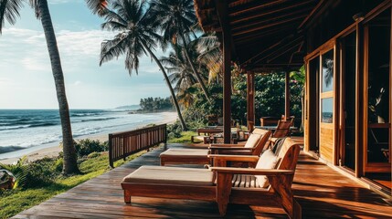 Wall Mural - Serene beachside retreat with wooden loungers overlooking the ocean.