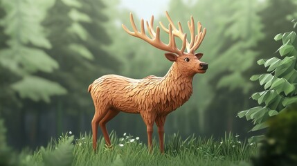 Wall Mural - A stylized deer stands in a lush forest, surrounded by greenery and soft light.