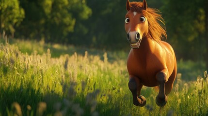 Poster - A cheerful animated horse gallops through a sunlit grassy meadow.