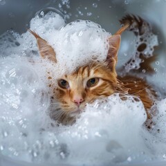 Wall Mural - Red cat bathes in foam
