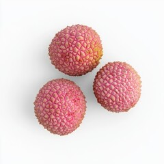 Wall Mural - Three pink, textured fruits resembling lychees on a white background.