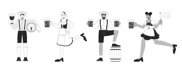 Wall Mural - Multicultural adults celebrating oktoberfest black and white 2D line characters set. Young men and women enjoying beer feast isolated vector outline people. Monochrome spot illustrations collection