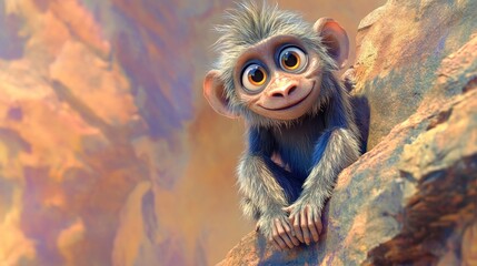 Wall Mural - A cute, animated monkey character with large eyes, sitting on a rocky surface, smiling.