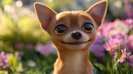 Sticker - A cheerful Chihuahua with large eyes, surrounded by colorful flowers in a vibrant garden.