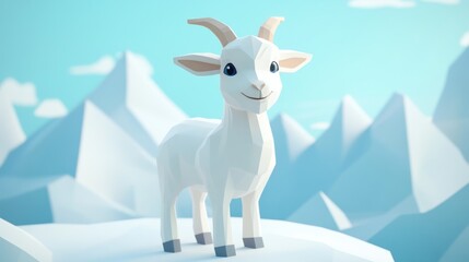 A stylized, low-poly white goat stands on a snowy mountain landscape.