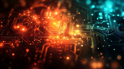 Poster - Abstract Digital Circuitry with Glowing Orange and Blue Lights