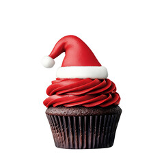 Festive cupcake topped with red frosting and a Santa hat, white isolate background, Transparent Background