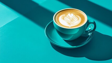 Wall Mural - A cup of cappuccino with latte art on a teal saucer and background, sunlight casts shadows.