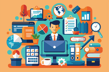 Poster - A vibrant office management illustration showing tools for productivity, organization, and planning activities, Customizable flat illustration for office management.