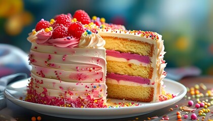 Exquisite layered cake slice illustrated in vibrant watercolor, highlighting intricate frosting designs and a sprinkle of colorful decorations