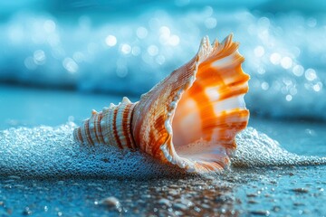 Wall Mural - Seashell on a Sandy Beach with Sparkling Water