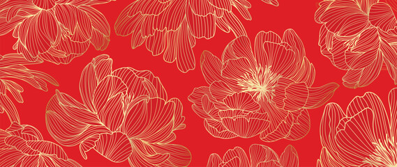 chinese new year luxury pattern background vector. oriental peony flower gold line art texture on re