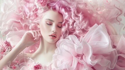 Wall Mural - Girl with pink hair and flowers in her hair on a light background
