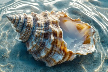 Wall Mural - A Detailed Close-Up of a Seashell in Rippling Water